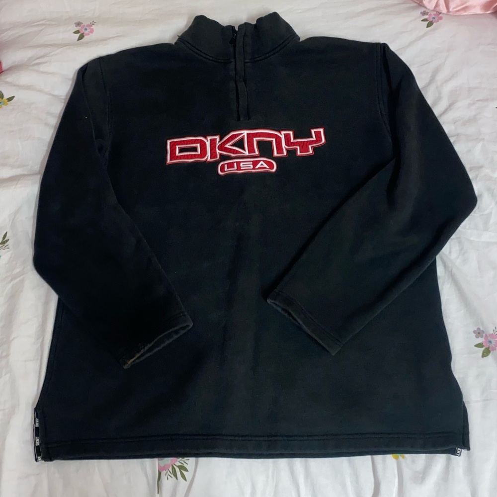 red & white embroidered black DKNY zip-up sweater 🍄
